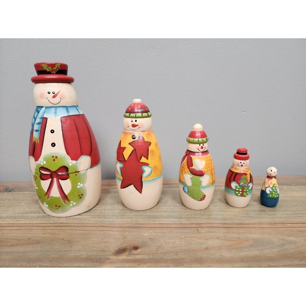 Vtg Nesting Dolls Vintage Wooden Snowman Family Set Of 5 Graduated Sizes